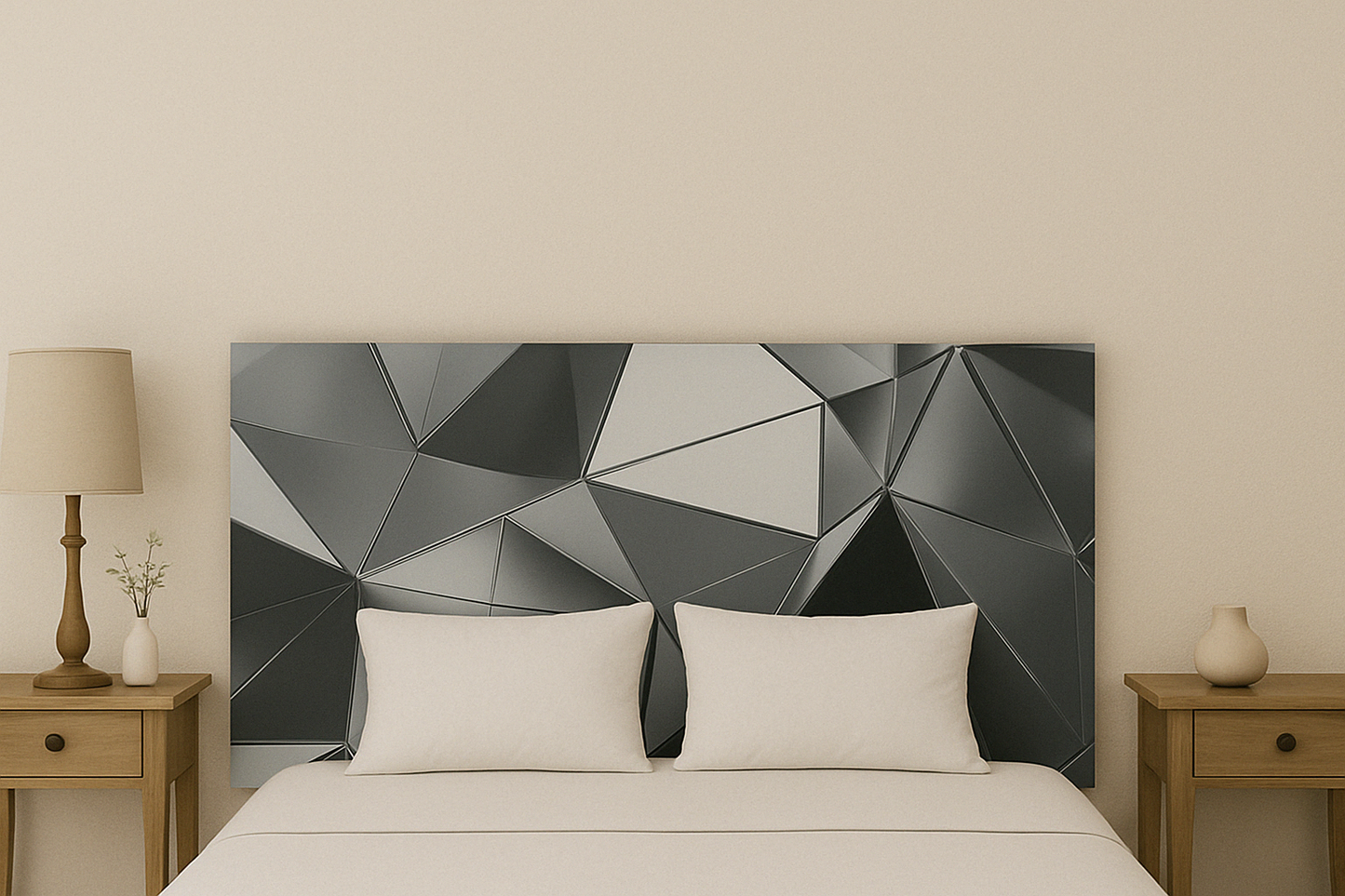 Geometric urban bed headboard in gray and black tones enhancing modern bedroom decor.