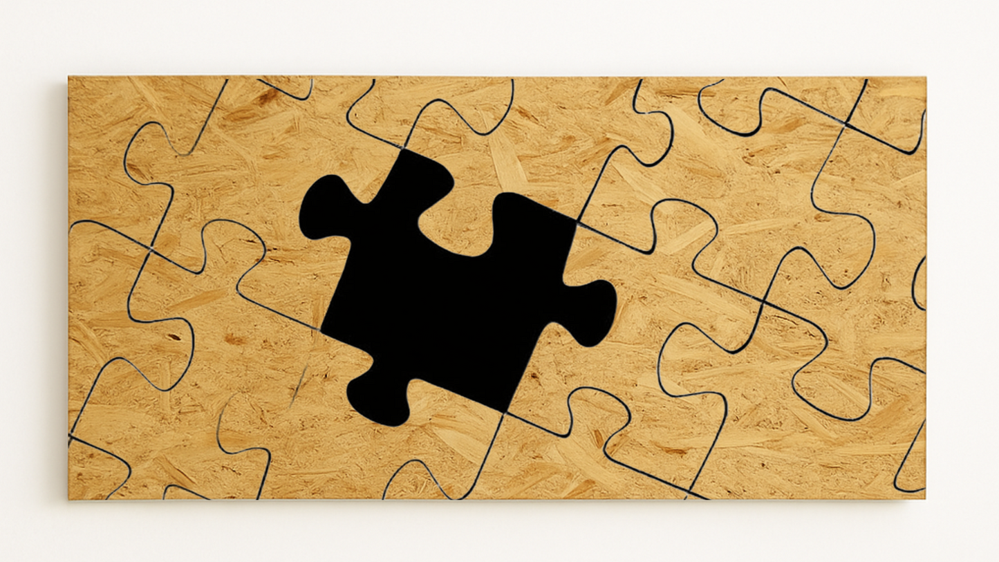 Cabecero cama puzzle en madera natural con pieza negra destacada, diseño moderno y artístico.