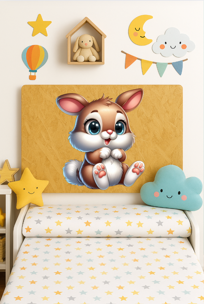 Cabecero infantil de madera reciclada OSB con diseño de conejo bebé en habitación decorativa.