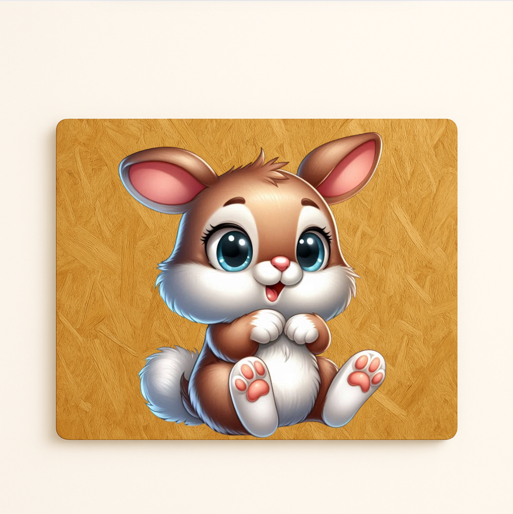 Cabecero infantil de madera reciclada OSB con diseño de conejo bebé en estilo caricatura, ideal para decoración sostenible de habitaciones infantiles.