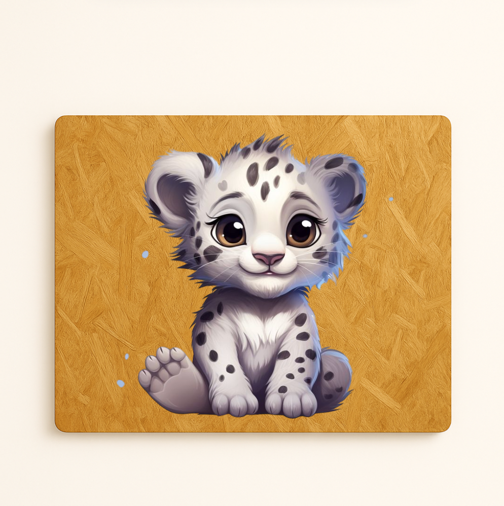 Cabecero infantil de madera reciclada OSB con diseño de pantera blanca bebé en estilo caricatura.