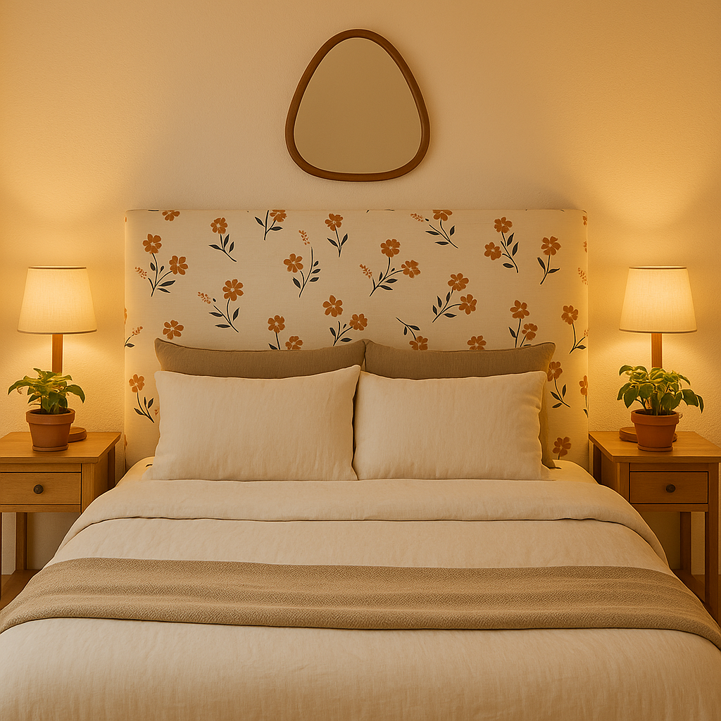 Floral Terracota headboard with terracotta and navy flower design on white melamine.