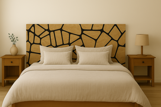 Cabecero de cama con diseño geométrico en beige y negro, añade un toque moderno y sofisticado al dormitorio.