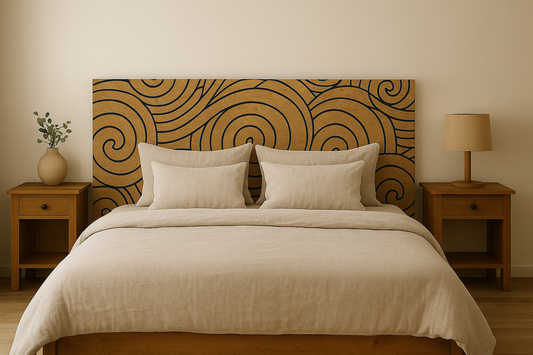 Cabecero Espiral Natural con diseño de espirales en madera y líneas negras, en dormitorio moderno.