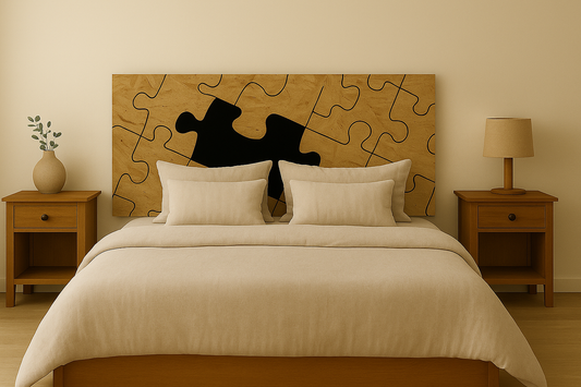 Cabecero cama Puzzle en madera natural con pieza negra destacada para dormitorio moderno.