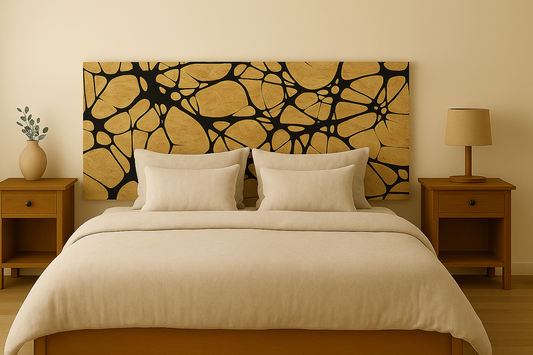 Cabecero Células Naturales con diseño celular en madera clara sobre fondo negro, ideal para dormitorios modernos.