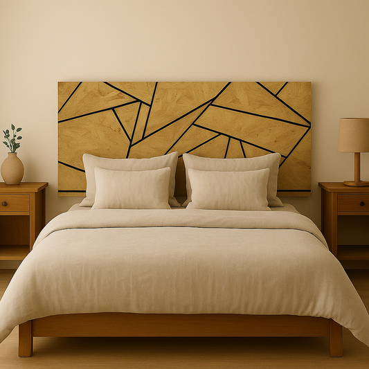 Cabecero de cama geométrico minimalista en madera reciclada, líneas negras, diseño contemporáneo.
