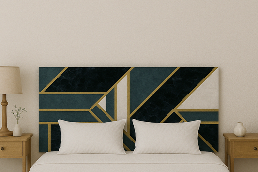 Geometric emerald headboard with gold lines, enhancing a modern and elegant bedroom design.