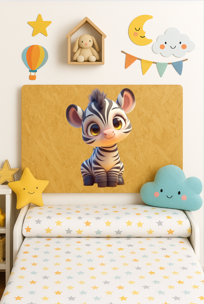 Cabecero infantil de madera reciclada OSB con diseño de cebra bebé para decoración ecológica.