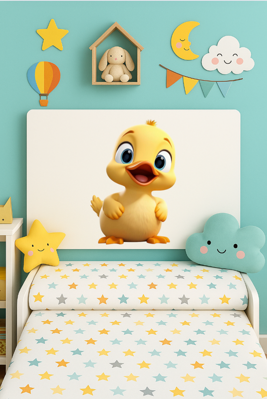 Cabecero infantil de melamina con diseño de pato bebé en habitación alegre y colorida.