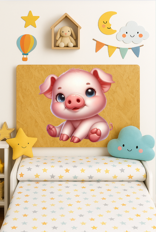 children's headboard made from recycled osb wood with cute cartoon piglet design