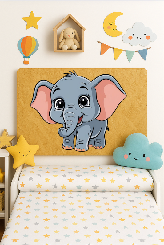 Recycled OSB wood kids' headboard with baby elephant design.