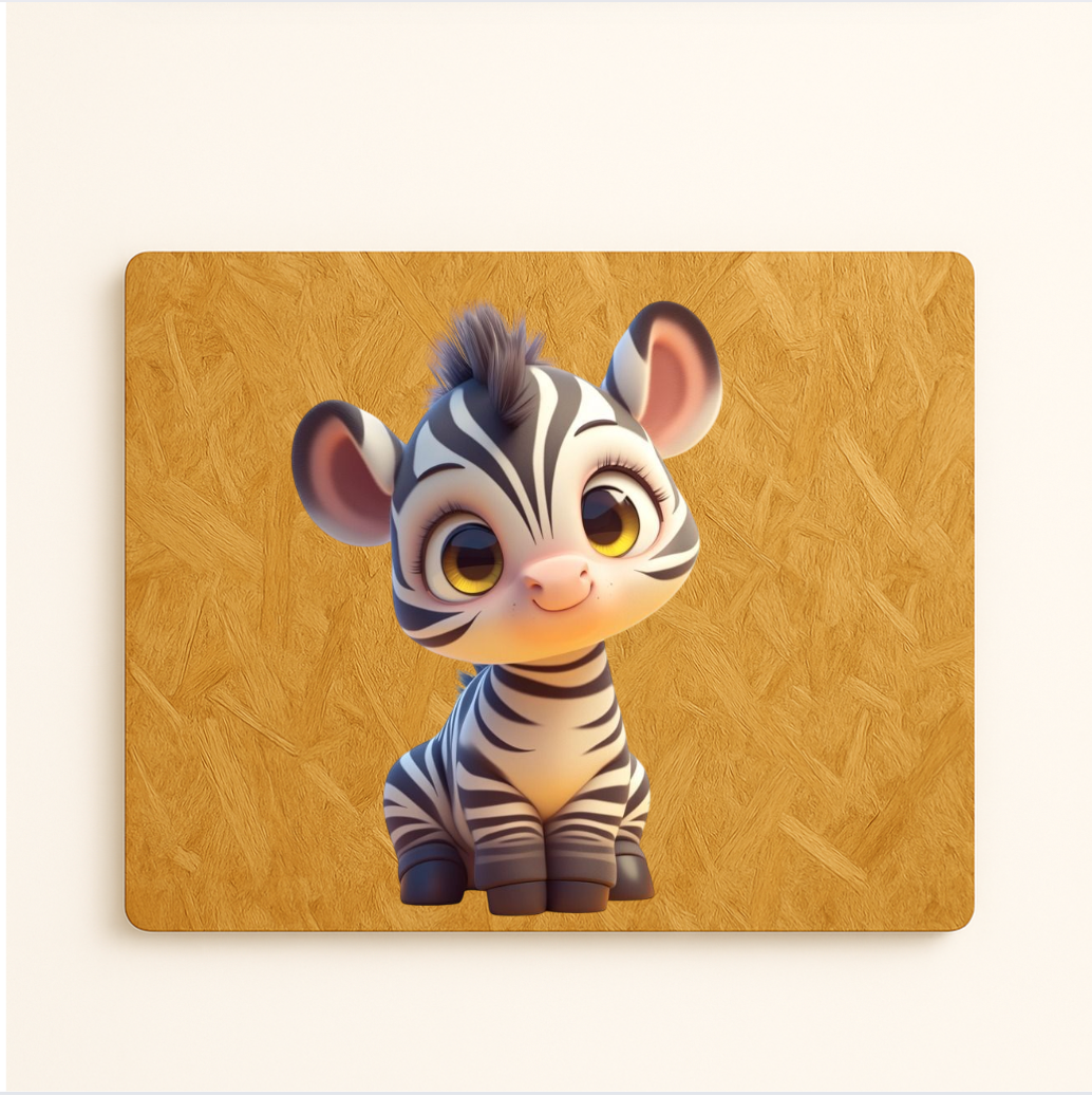 Cabecero infantil de madera reciclada OSB con diseño de cebra bebé en estilo caricatura, material ecológico.