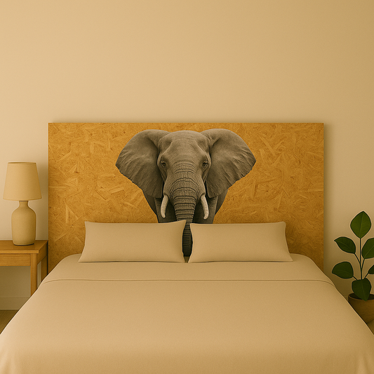 Headboard with elephant design on recycled wood background in a minimalist bedroom setting.