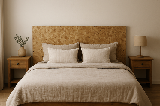 Cabecero de madera reciclada con textura orgánica en dormitorio minimalista moderno.