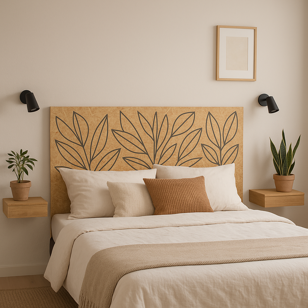 cabecero hojas madera reciclada diseño botánico dormitorio moderno