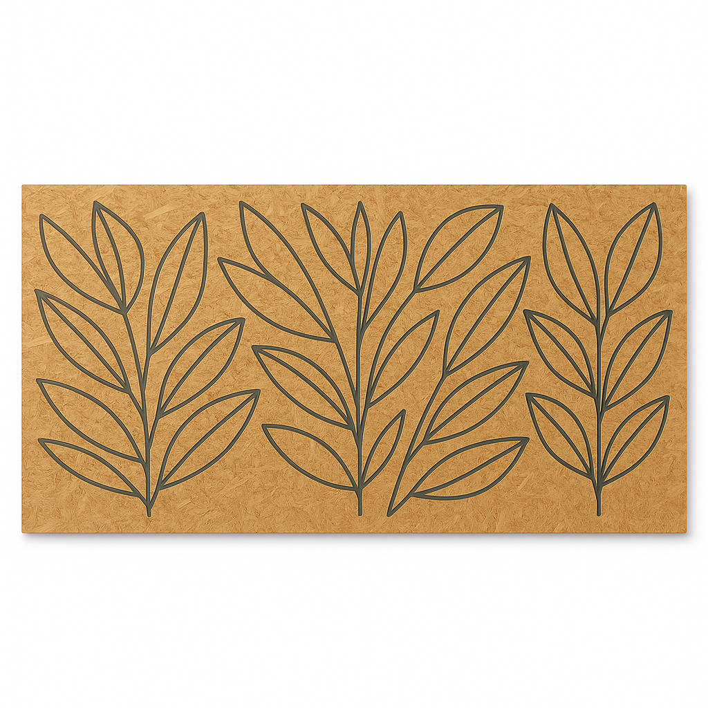 Cabecero de cama artesanal en madera reciclada con diseño botánico de hojas grabadas.