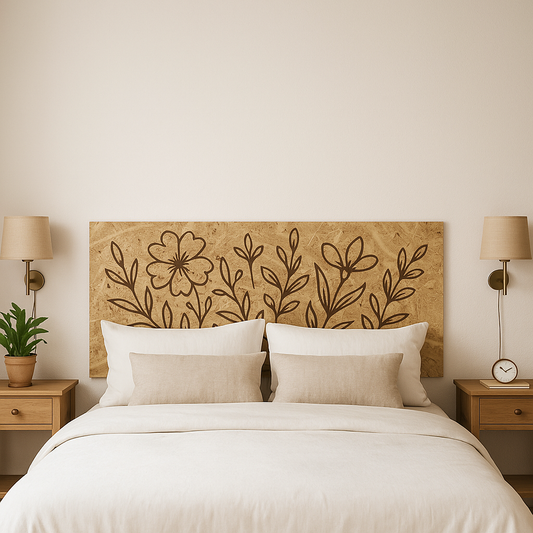 Handcrafted floral engraved wooden headboard "Flor Silvestre" in cozy bedroom setting.