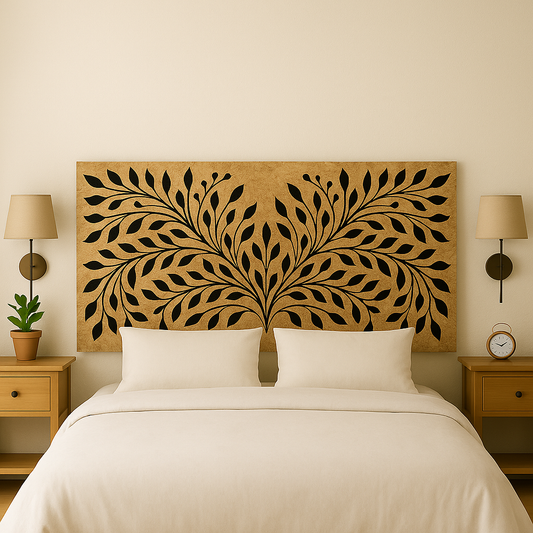 Cabecero “Raíces de Vida” de madera reciclada con diseño orgánico de ramas y hojas, ambientado en dormitorio moderno y acogedor.
