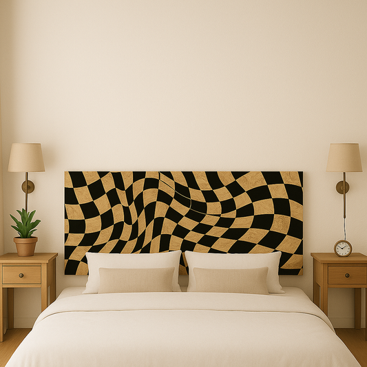 Cabecero Óptico moderno con diseño de ilusión visual, hecho de madera reciclada OSB, encima de cama blanca en habitación.