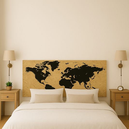 Cabecero Mapamundi de madera OSB reciclada con diseño de mapa del mundo en negro.