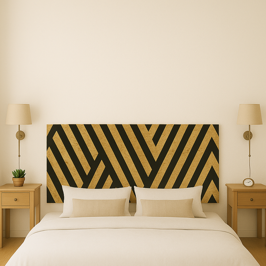 Cabecero Códigos Lineales en madera OSB reciclada con diseño geométrico negro y fondo natural, estilo moderno y sostenible.