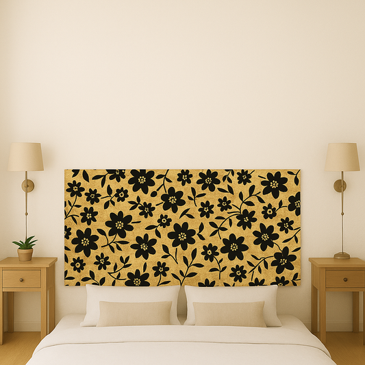 Headboard with black floral design on gold OSB wood, perfect for rustic or bohemian bedrooms; Cabecero Jardín Dorado.