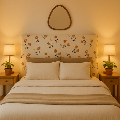 Floral Terracota headboard with terracotta and navy flower design on white melamine.