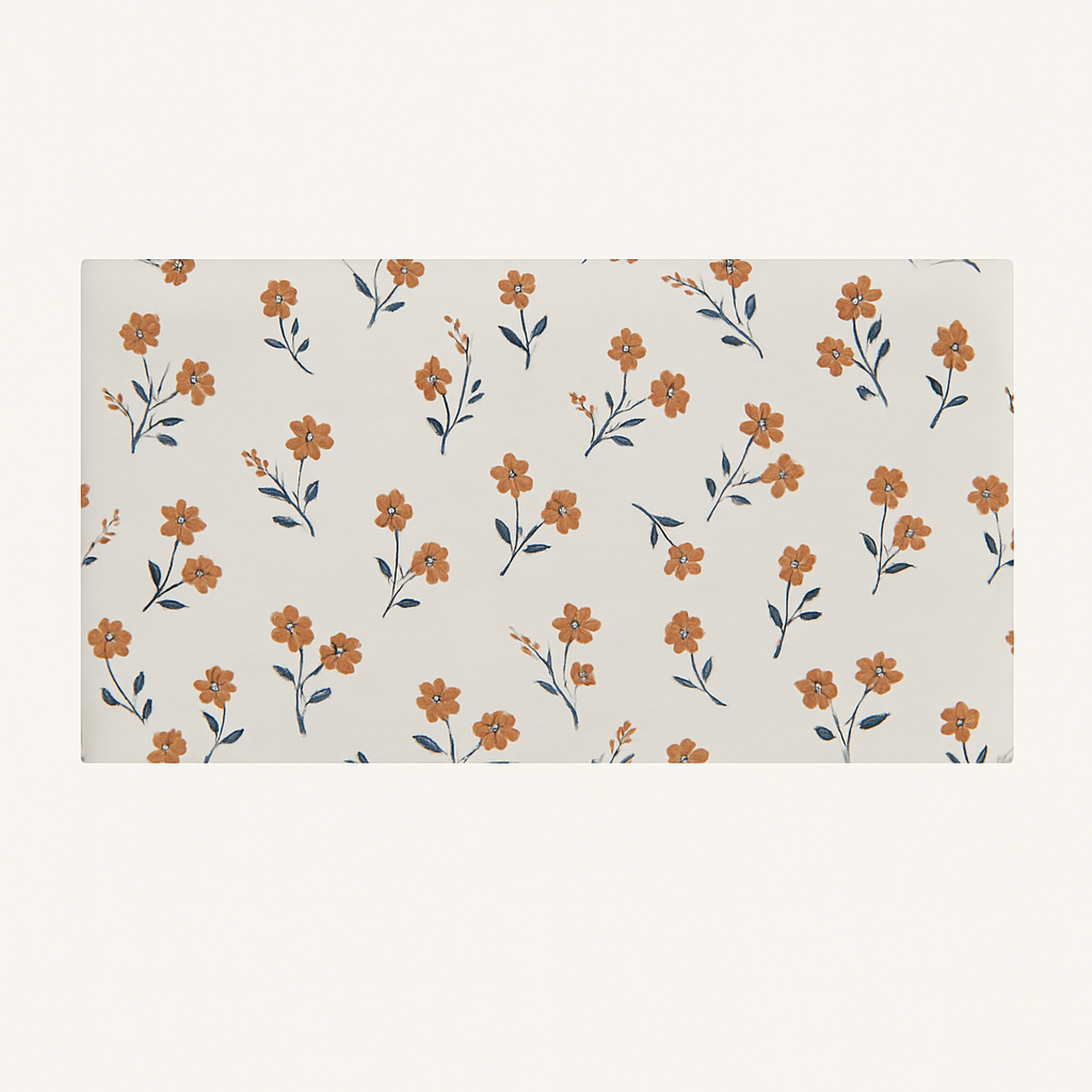 Cabecero de cama "Floral Terracota" con estampado de flores terracota y azul marino sobre melamina blanca.